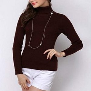 Womens-Coffee-Color-Knit-Sweater-Bottoming-Shirt