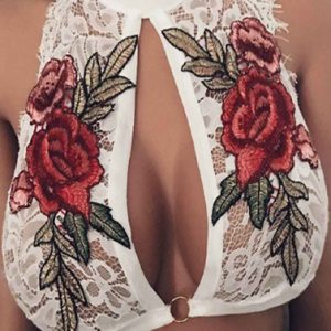 Snazzyway Floral Embroidery Sheer Lace High Neck Crop Top