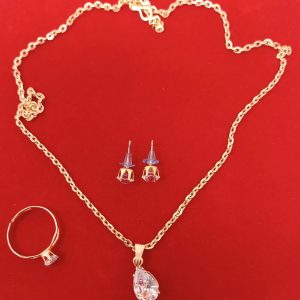 Gold Plated Oval Shape Pendant Necklace Set with Earrings, Ring, Chain for Women