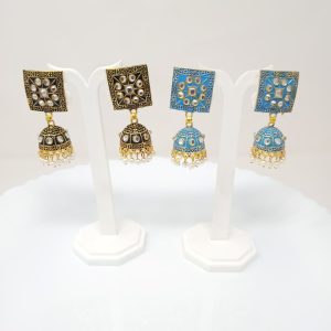 black and sky blue square stud jhumka earrings with beads and cluster pearl danglers
