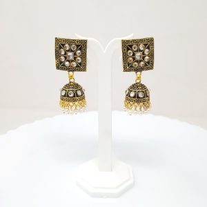black square stud jhumka earrings with beads and cluster pearl danglers1