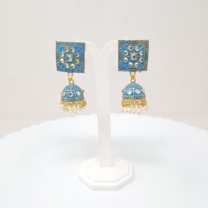 black square stud jhumka earrings with beads and cluster pearl danglers sky blue1