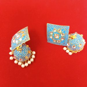 black square stud jhumka earrings with beads and cluster pearl danglers sky blue1