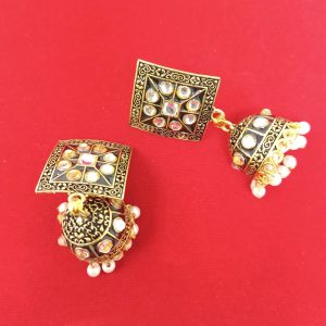 black square stud jhumka earrings with beads and cluster pearl danglers1