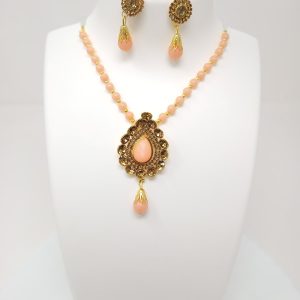 dark peach stone moti imitation jewelery set