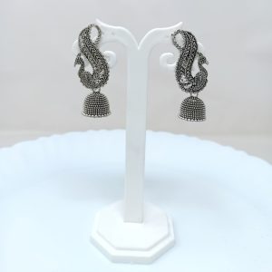 silver metal peacock shaped dangle drop jhumka earrings