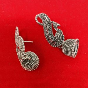 silver metal peacock shaped dangle drop jhumka earrings