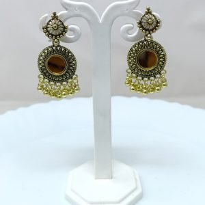 gold-plated circular studded long drop earrings