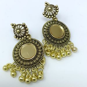 gold-plated circular studded long drop earrings