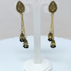 gold plated leaf studded long drop earrings black