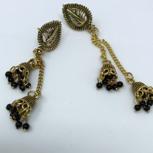 gold plated leaf studded long drop earrings black