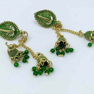gold plated leaf studded long drop earrings black