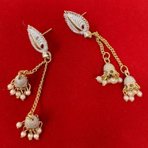 gold plated leaf studded long drop earrings black