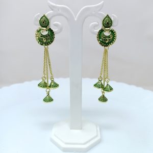 gold palated studded long drop earrings green1