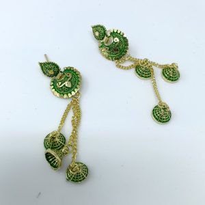 gold palated studded long drop earrings green1