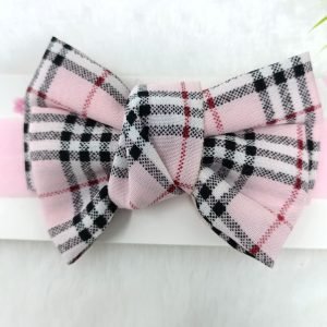 checked knot bow elastic hairband baby pink