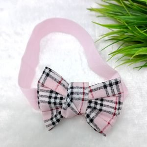 checked knot bow elastic hairband baby pink