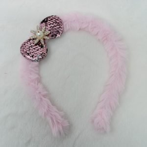 furr hair band with sequin bow baby pink