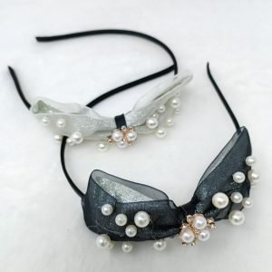 pearl beaded bow hairband black white