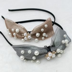 pearl beaded bow hairband grey brown