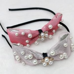 pearl beaded bow hairband pink white
