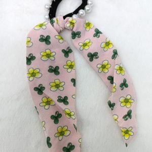 pearl studded flower printed ponytail holder baby pink