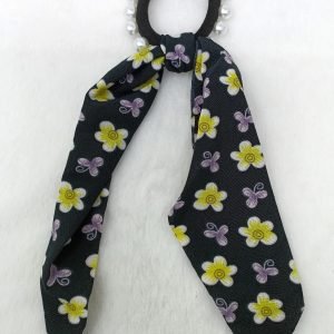 pearl studded flower printed ponytail holder black