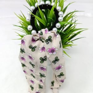 pearl studded flower printed ponytail holder cream