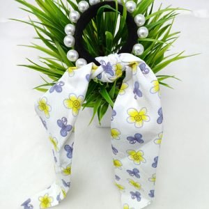 pearl studded flower printed ponytail holder white