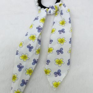pearl studded flower printed ponytail holder white