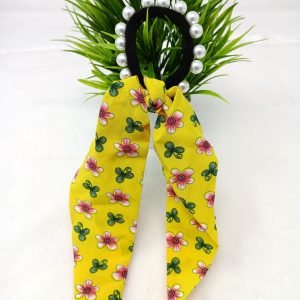 pearl studded flower printed ponytail holder yellow