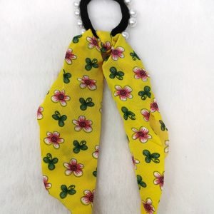 pearl studded flower printed ponytail holder yellow