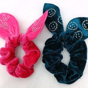 velvet bunny ear knotted hair scrunchie magenta blue