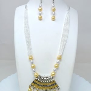 yellow long necklace with stud earrings