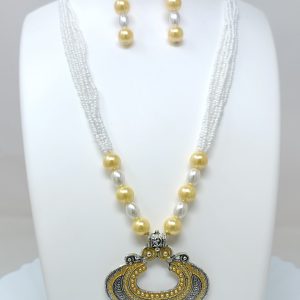 yellow long necklace with stud earrings