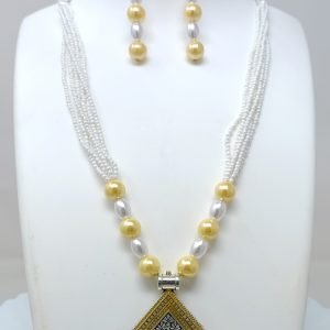 Triangle Shape Yellow Pendant Necklace with Fish Hooks Earrings for Women & Girls, Yellow Pearl Bead Necklace (Pack of 1 pc)