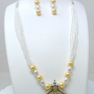 yellow long necklace with stud earrings