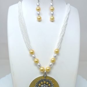 yellow long necklace with stud earrings