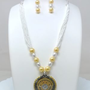 yellow long necklace with stud earrings