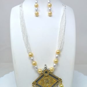 yellow long necklace with stud earrings