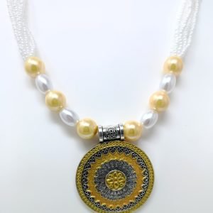 yellow long necklace with stud earrings