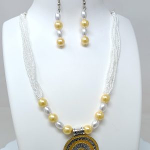 yellow long necklace with stud earrings