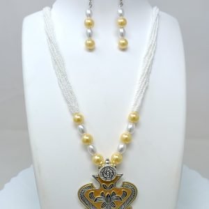 yellow long necklace with stud earrings
