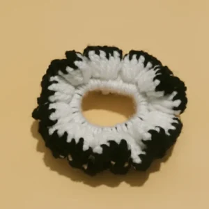 white and black handmade crochet scrunchies3