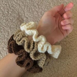 Coffee, Grey, and Off White Handmade Knitted and Crochet Scrunchie hair tie for women and girls