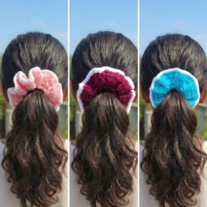 pink, maroon, and blue crochet scrunchies