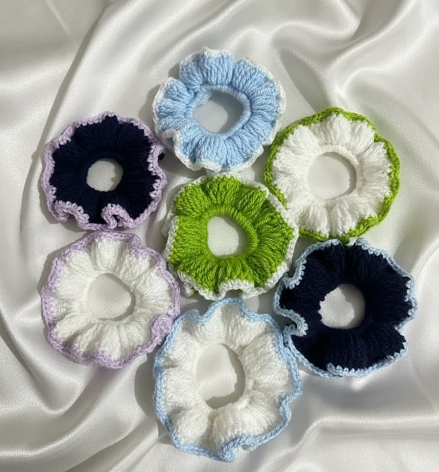 multicolor handmade and crochet scrunchies 1