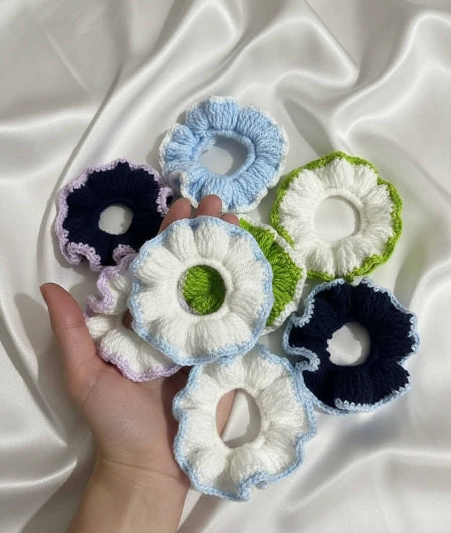 multicolor handmade and crochet scrunchies