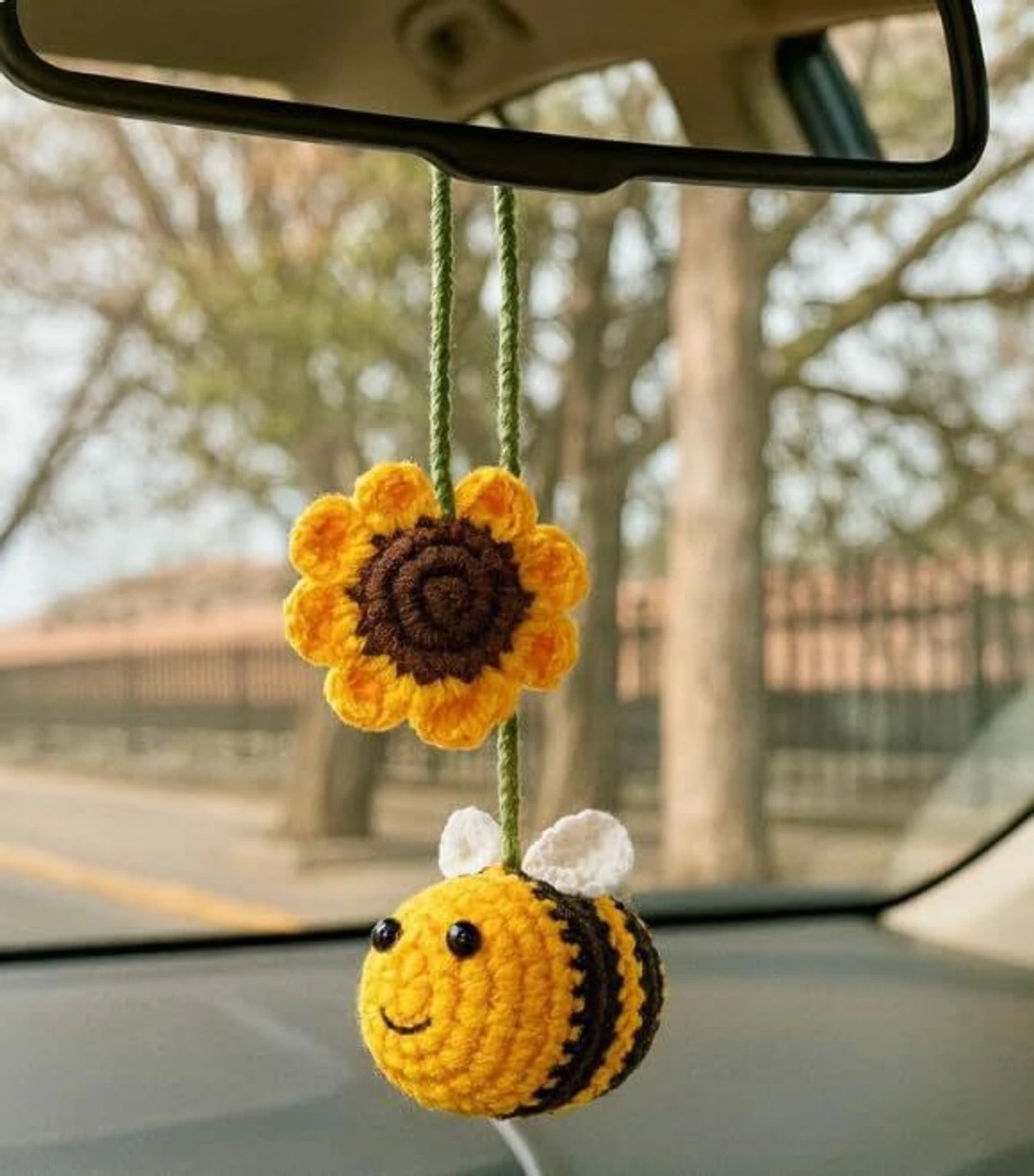Handmade Crochet Sunflower and Honeybee Car Hanging