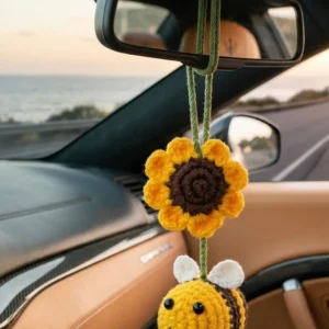 Handmade Crochet Sunflower and Honeybee Car Hanging